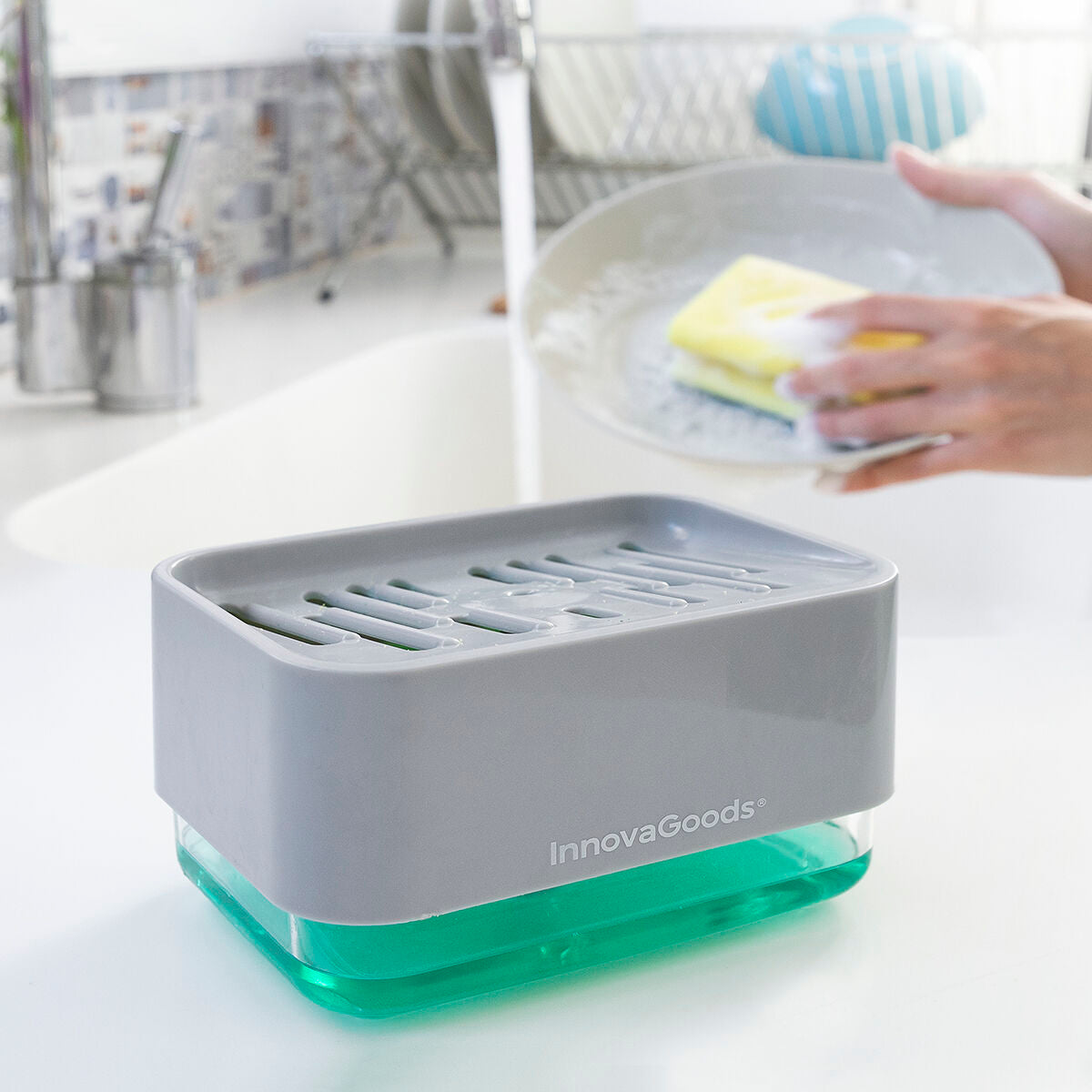 Distributeur de Liquide Vaisselle 2 en 1 Pushoap