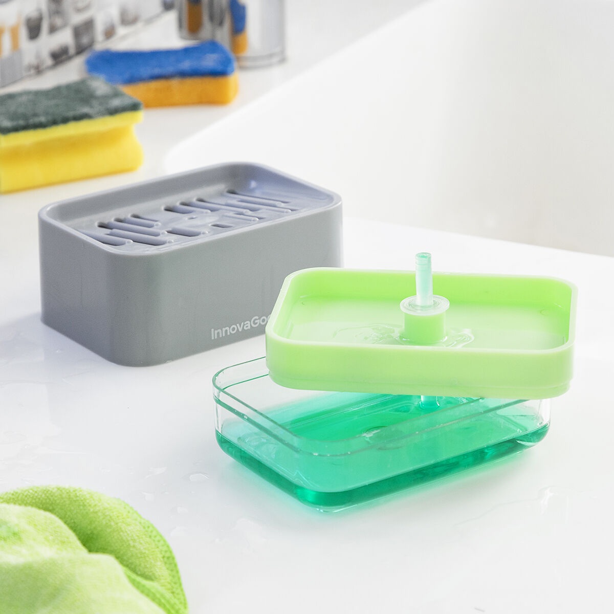 Distributeur de Liquide Vaisselle 2 en 1 Pushoap