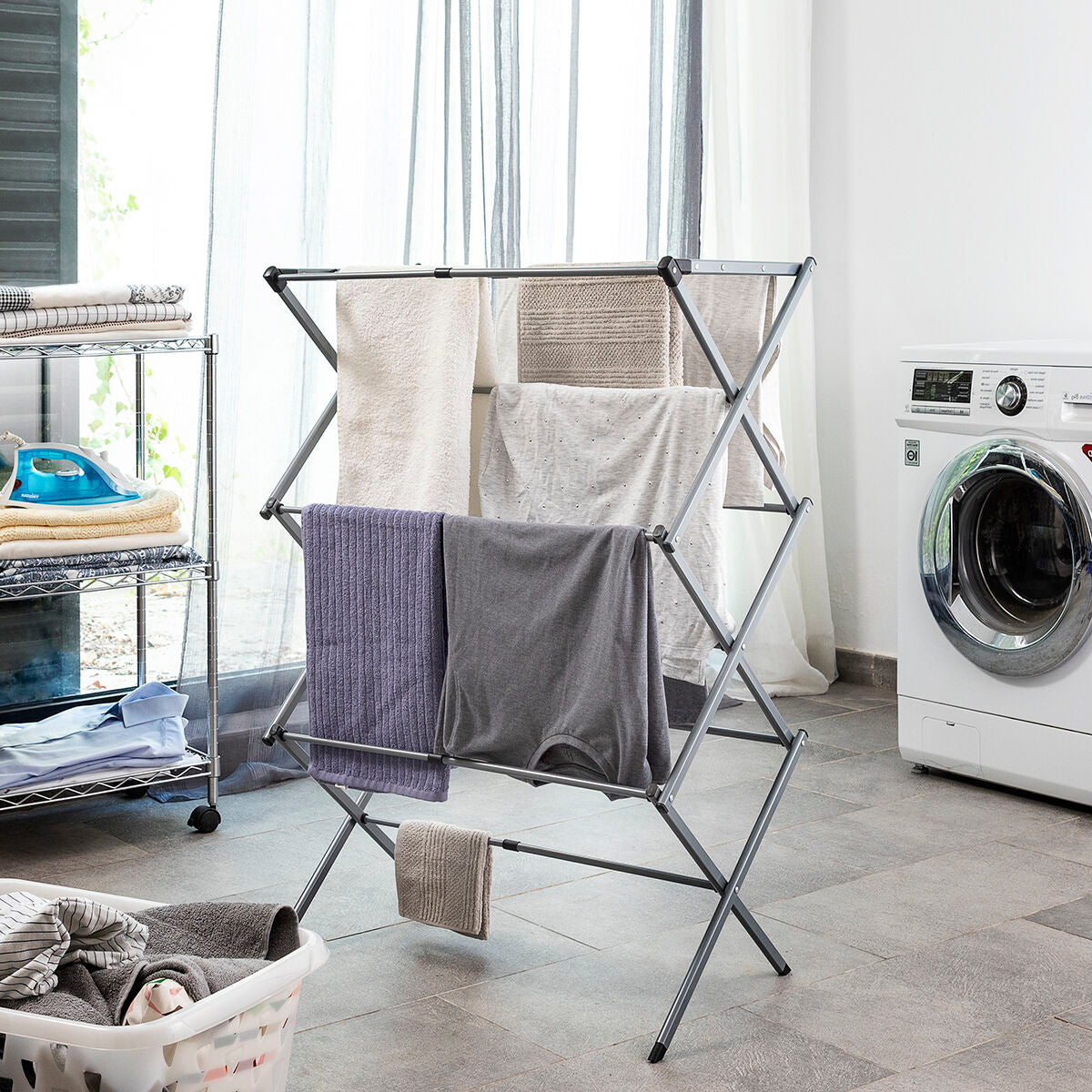 Séchoir à Linge Métallique Pliable et Extensible 3 Hauteurs Cloxy 11 Barres