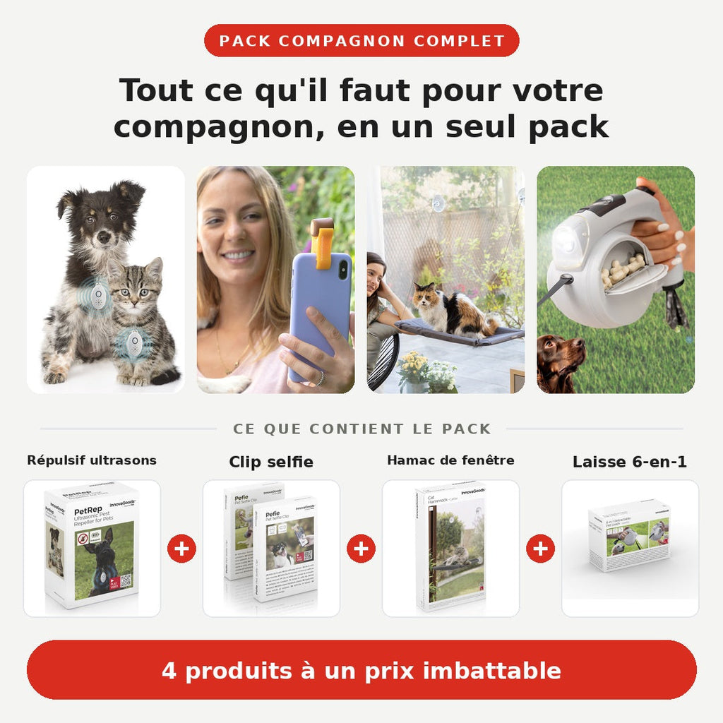 Pack Compagnon Complet : répulsif ultrasons, clip selfie, hamac de fenêtre et laisse 6-en-1