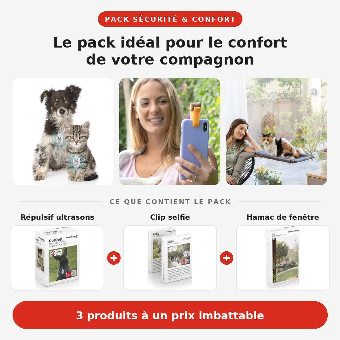 Pack Sécurité & Confort : répulsif ultrasons, clip selfie et hamac de fenêtre
